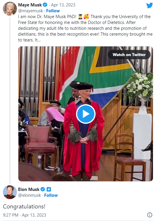 马斯克母亲被南非自由州大学授予荣誉博士学位 马斯克：恭喜！
