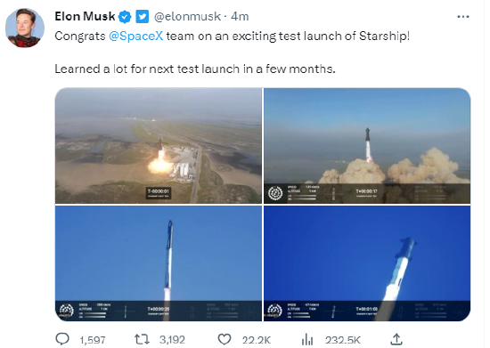马斯克回应星舰爆炸：祝贺SpaceX团队，为几个月后下次发射学到很多