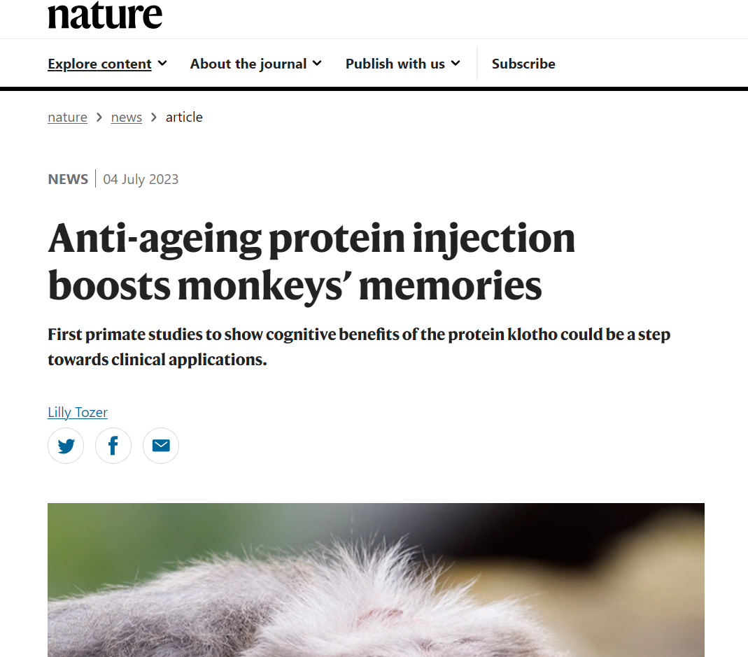Nature：注射抗衰老蛋白klotho可增强老年猴子的记忆力
