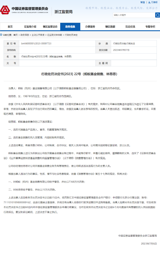 浙江证监局对蚂蚁基金销售及公司总经理林思思给予警告并处罚款