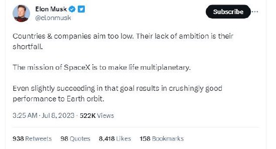 马斯克回应垄断火箭发射市场：SpaceX的使命是让生命多行星化