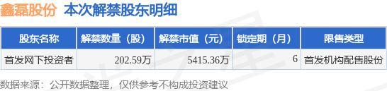 鑫磊股份（301317）202.59万股限售股将于7月19日解禁上市，占总股本1.29%