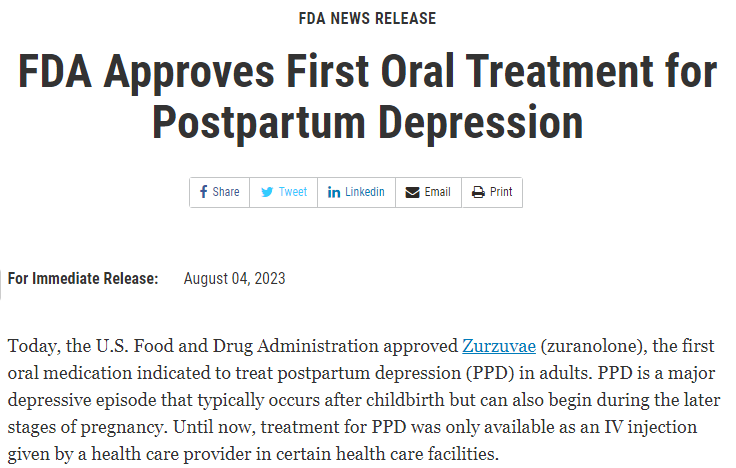 史上首个！美FDA批准产后抑郁症口服药物，临床研究显示可在几天内迅速缓解症状