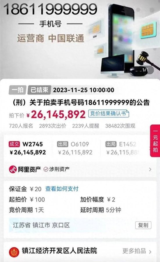 18611999999，拍出超2614万元